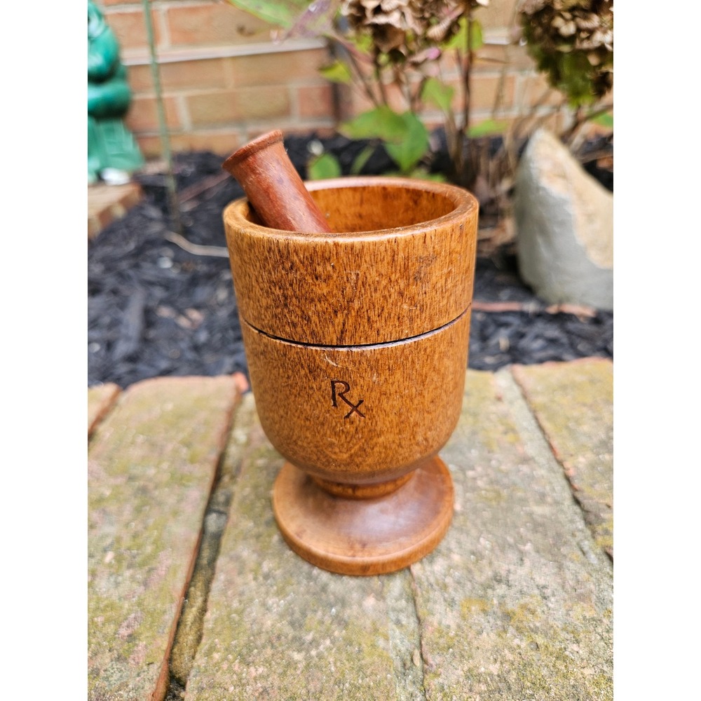 Vtg Mid Century Abbott Laboratories Promotional Wooden Mortar & Pestle Rx Logo